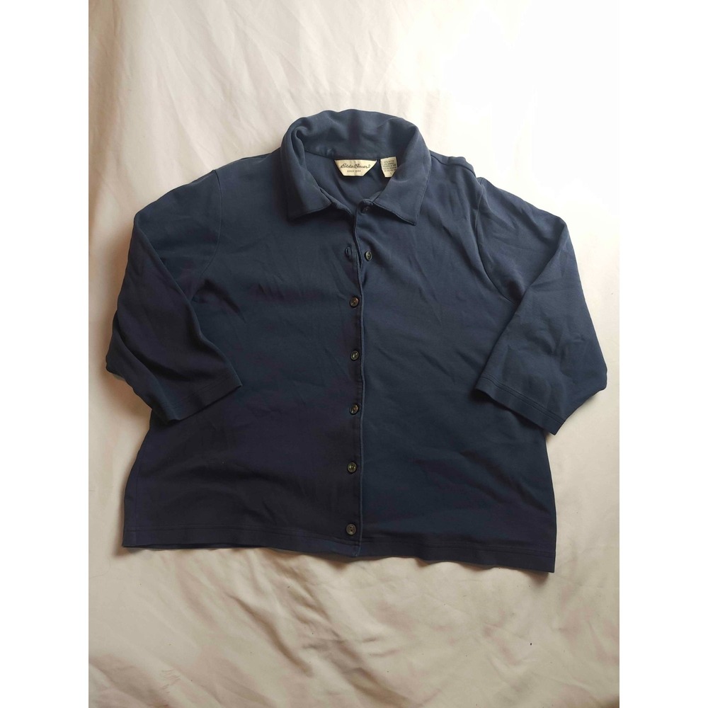 Eddie Bauer Polo Shirt Womens L Blue Classic Preppy Capsule Wardrobe Quiet Luxe